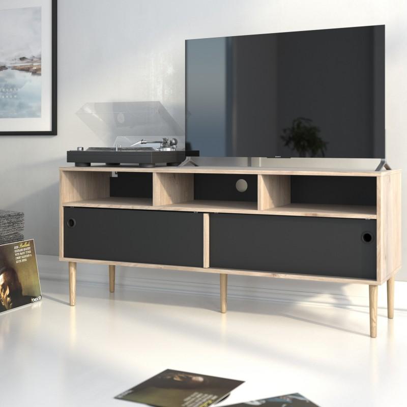 FTG TV Unit Rome TV-unit 2 Sliding Doors in Jackson Hickory Oak with Matt Black Bed Kings