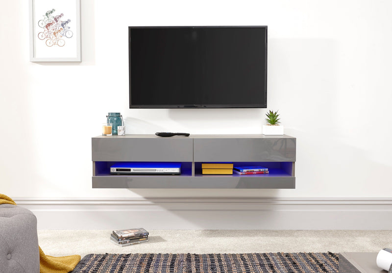 GFW TV Unit Galicia 120Cm Wall TV Unit With Led Grey Bed Kings