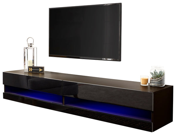 GFW TV Unit Galicia 150Cm Wall TV Unit With Led Black Bed Kings