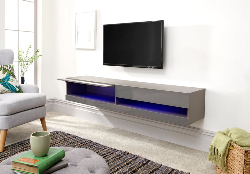 GFW TV Unit Galicia 150Cm Wall TV Unit With Led Grey Bed Kings