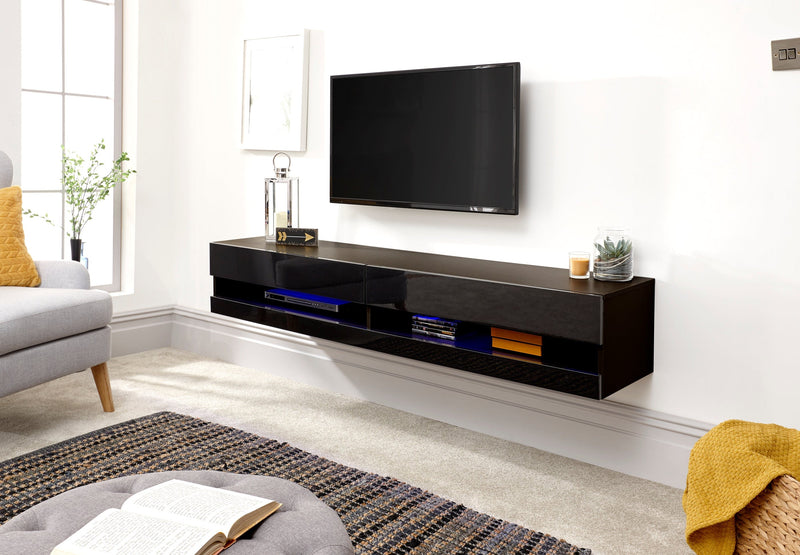 GFW TV Unit Galicia 180Cm Wall TV Unit With Led Black Bed Kings
