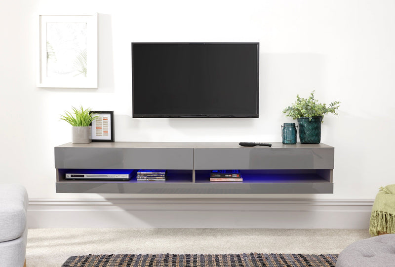 GFW TV Unit Galicia 180Cm Wall TV Unit With Led Grey Bed Kings