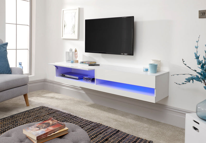 GFW TV Unit Galicia 180Cm Wall TV Unit With Led White Bed Kings
