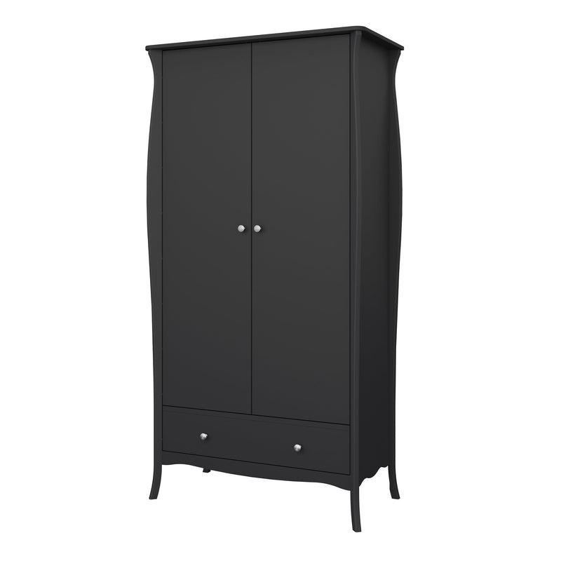 FTG Wardrobe Baroque 2dr 1Drw Robe Black Bed Kings