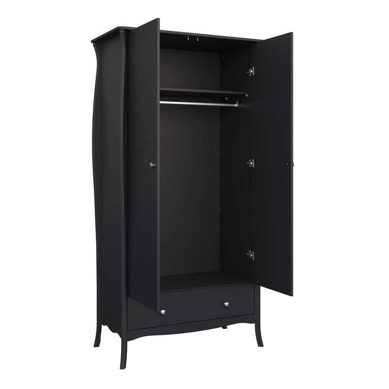 FTG Wardrobe Baroque 2dr 1Drw Robe Black Bed Kings