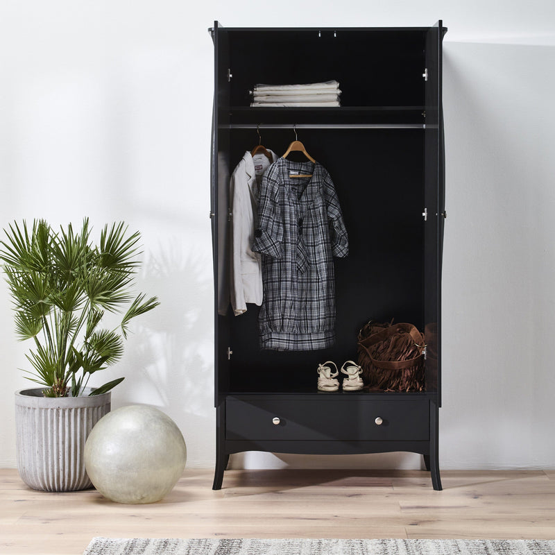 FTG Wardrobe Baroque 2dr 1Drw Robe Black Bed Kings