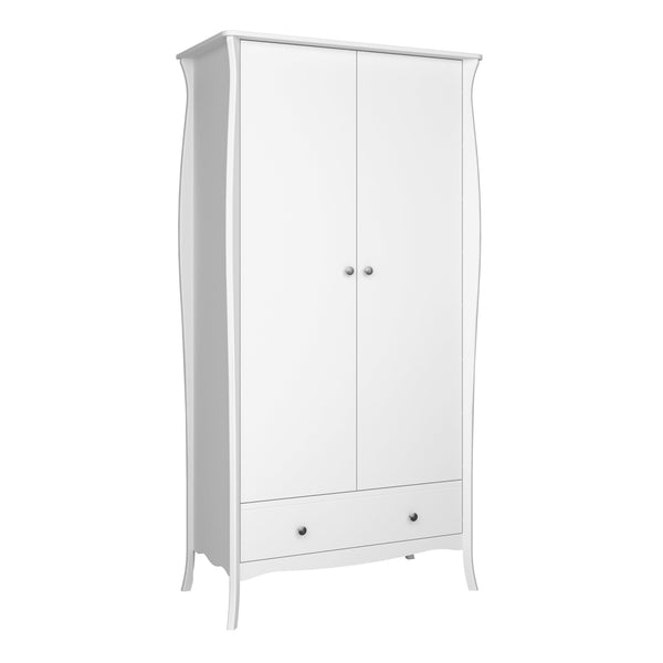 FTG Wardrobe Baroque 2dr 1Drw Robe White Bed Kings