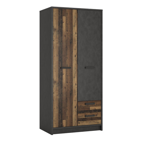 FTG Wardrobe Brooklyn 2 Door Wardrobe with 2 Drawers in Walnut and Dark Matera Grey Bed Kings
