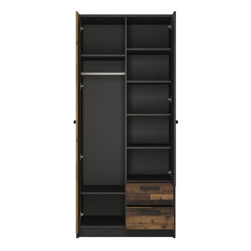 FTG Wardrobe Brooklyn 2 Door Wardrobe with 2 Drawers in Walnut and Dark Matera Grey Bed Kings