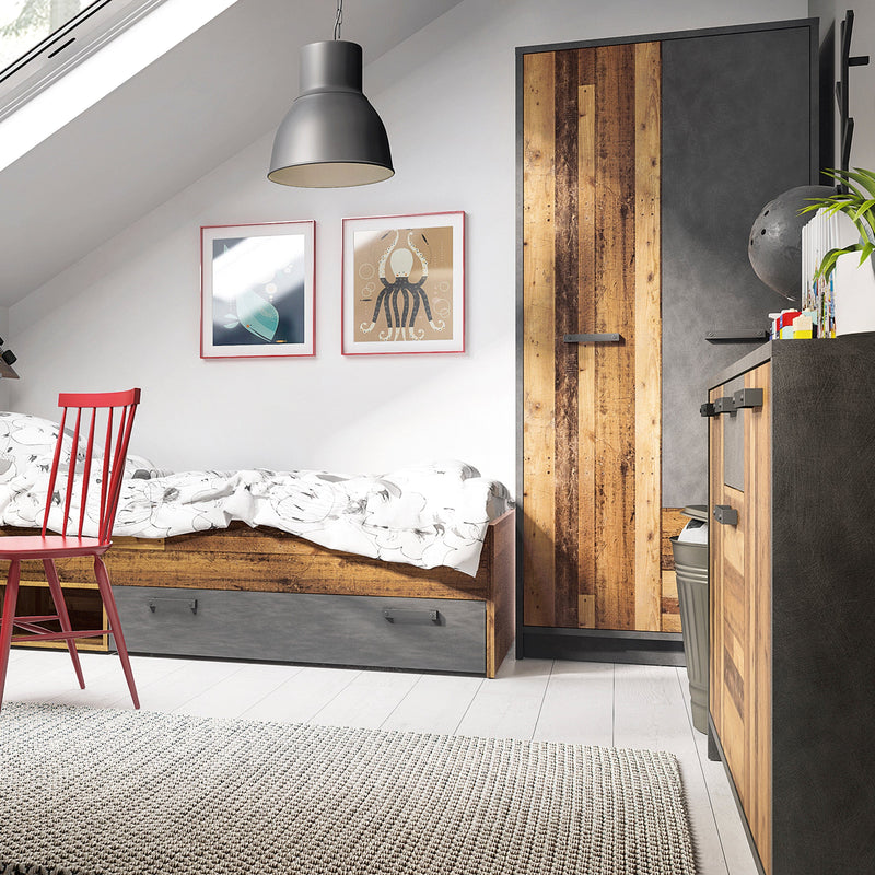FTG Wardrobe Brooklyn 2 Door Wardrobe with 2 Drawers in Walnut and Dark Matera Grey Bed Kings