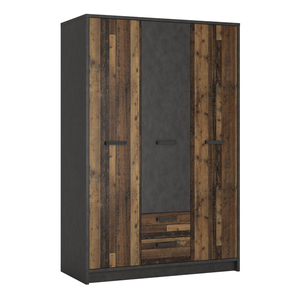 FTG Wardrobe Brooklyn 3 Door Wardrobe with 2 Drawers in Walnut and Dark Matera Grey Bed Kings