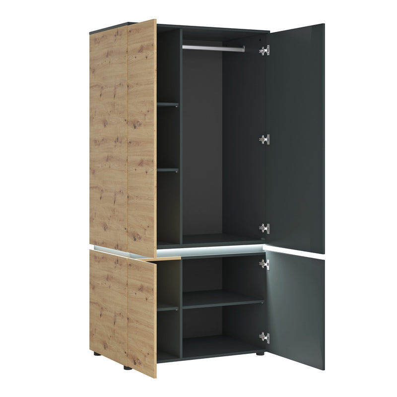 FTG Wardrobe Luci Dark - Luci 4 door wardrobe (including LED lighting) in Platinum and Oak Bed Kings