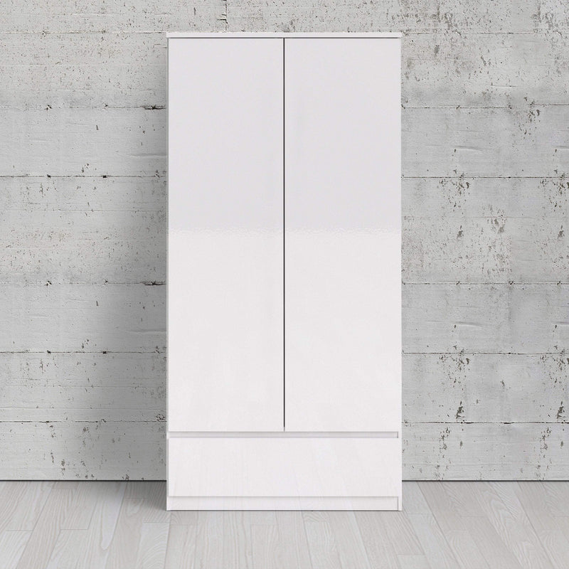 FTG Wardrobe Naia - Naia Wardrobe with 2 doors + 1 drawer in White High Gloss Bed Kings