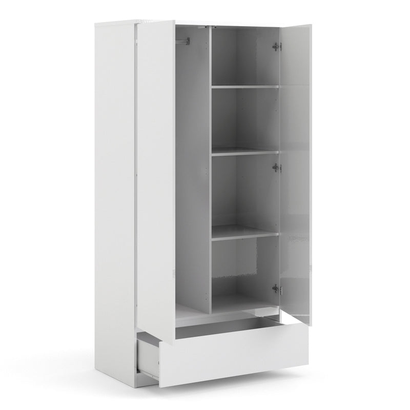 FTG Wardrobe Naia - Naia Wardrobe with 2 doors + 1 drawer in White High Gloss Bed Kings