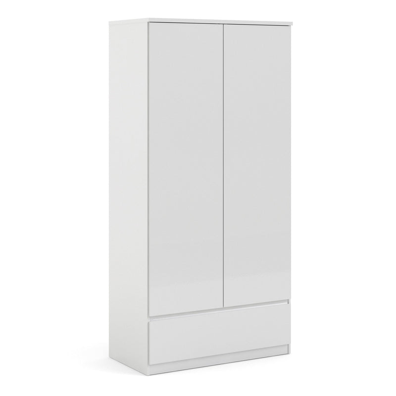 FTG Wardrobe Naia - Naia Wardrobe with 2 doors + 1 drawer in White High Gloss Bed Kings