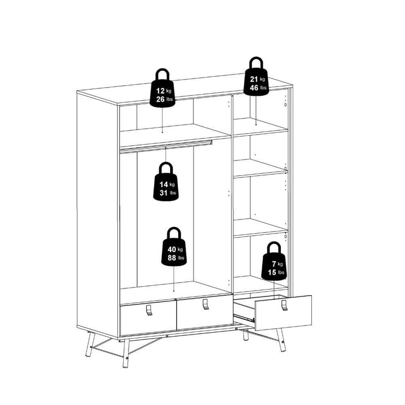 FTG Wardrobe Ry Wardrobe 3 Doors + 3 Drawers In Matt Black Walnut Bed Kings
