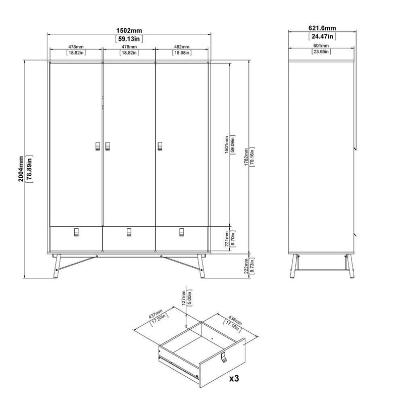 FTG Wardrobe Ry Wardrobe 3 Doors + 3 Drawers In Matt Black Walnut Bed Kings