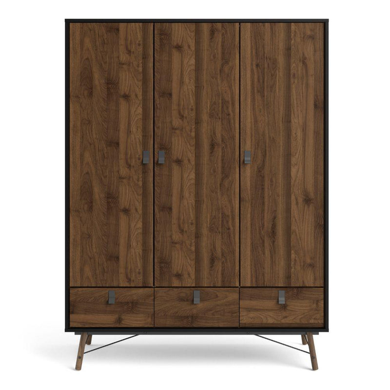 FTG Wardrobe Ry Wardrobe 3 Doors + 3 Drawers In Matt Black Walnut Bed Kings