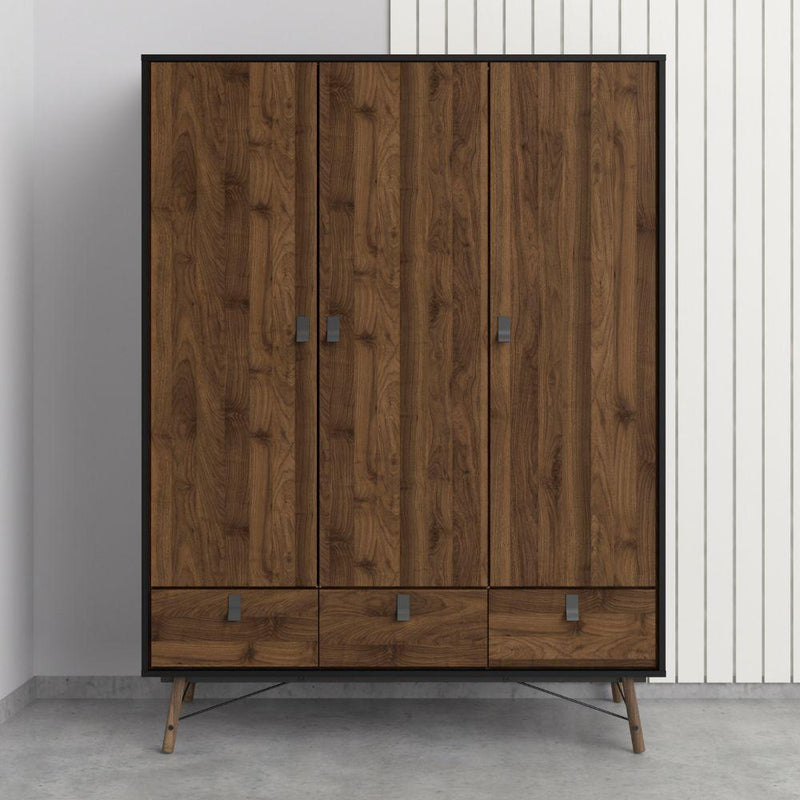 FTG Wardrobe Ry Wardrobe 3 Doors + 3 Drawers In Matt Black Walnut Bed Kings