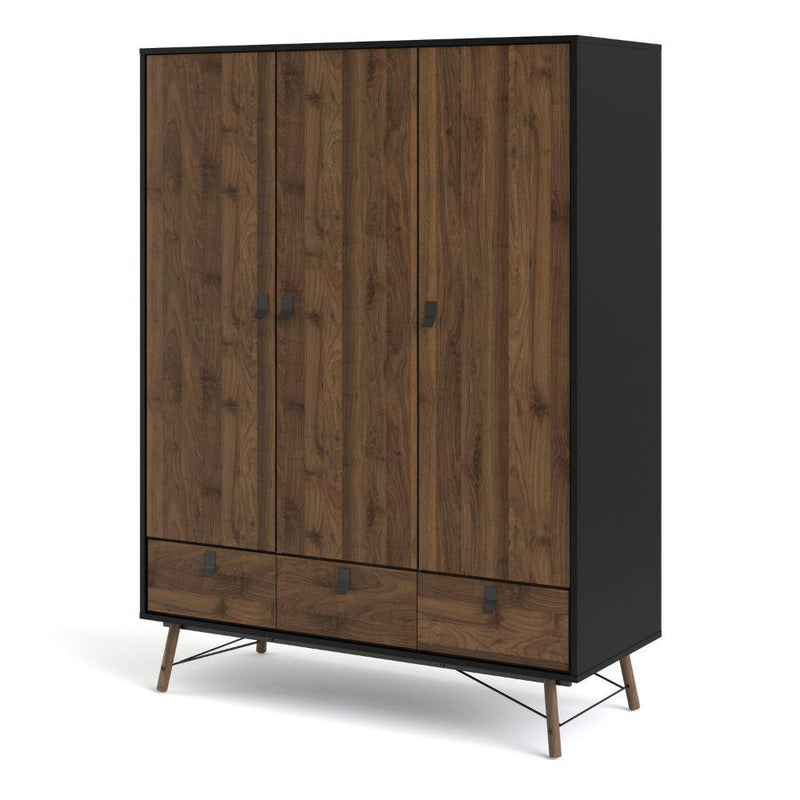 FTG Wardrobe Ry Wardrobe 3 Doors + 3 Drawers In Matt Black Walnut Bed Kings