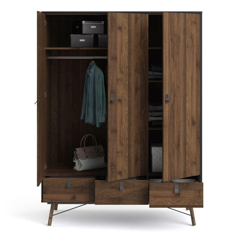 FTG Wardrobe Ry Wardrobe 3 Doors + 3 Drawers In Matt Black Walnut Bed Kings