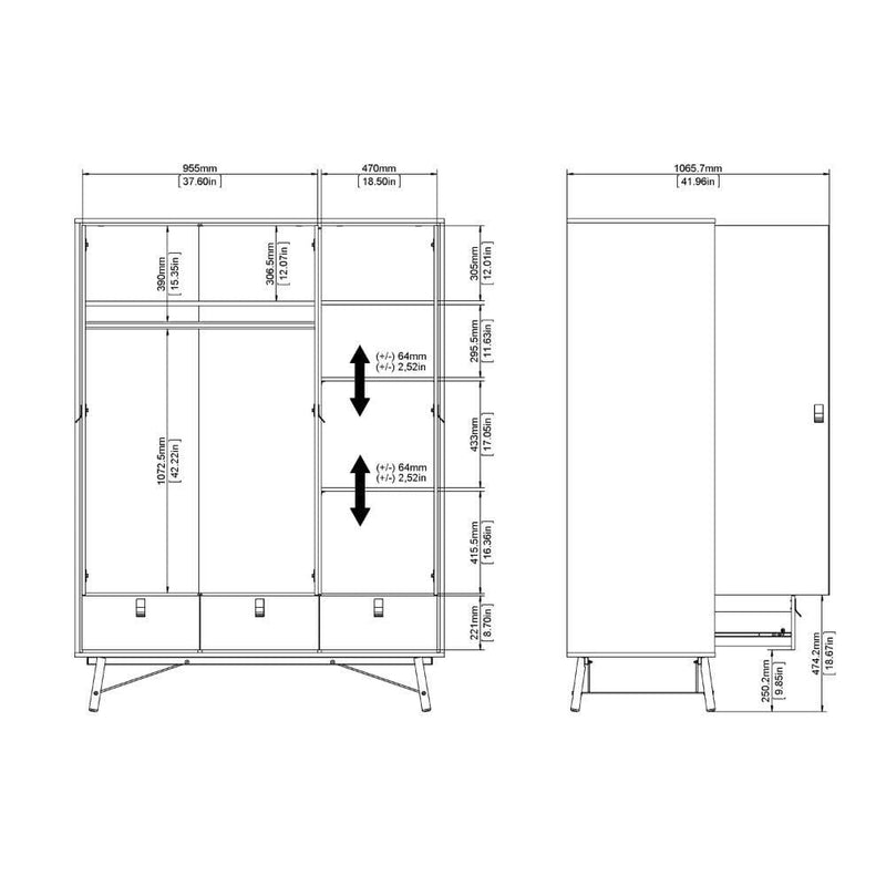 FTG Wardrobe Ry Wardrobe 3 Doors + 3 Drawers In Matt Black Walnut Bed Kings