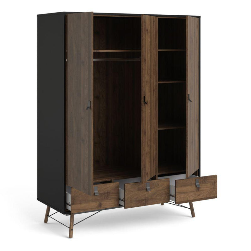 FTG Wardrobe Ry Wardrobe 3 Doors + 3 Drawers In Matt Black Walnut Bed Kings