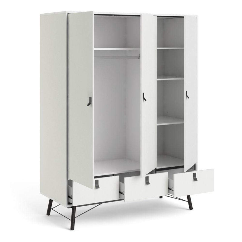 FTG Wardrobe Ry Wardrobe 3 Doors + 3 Drawers In Matt White Bed Kings