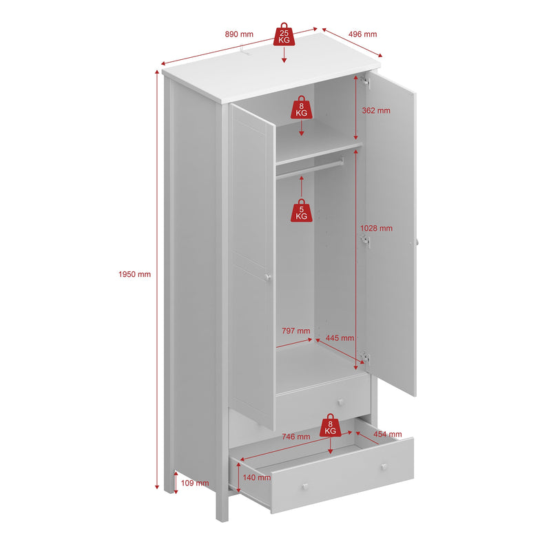 FTG Wardrobe Tromso 2 Door 2 Drawer Wardrobe Off White Bed Kings