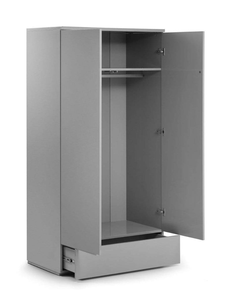 Julian Bowen Wardrobe Monaco 2 Door 1 Drw Wardrobe - Grey Gloss Bed Kings