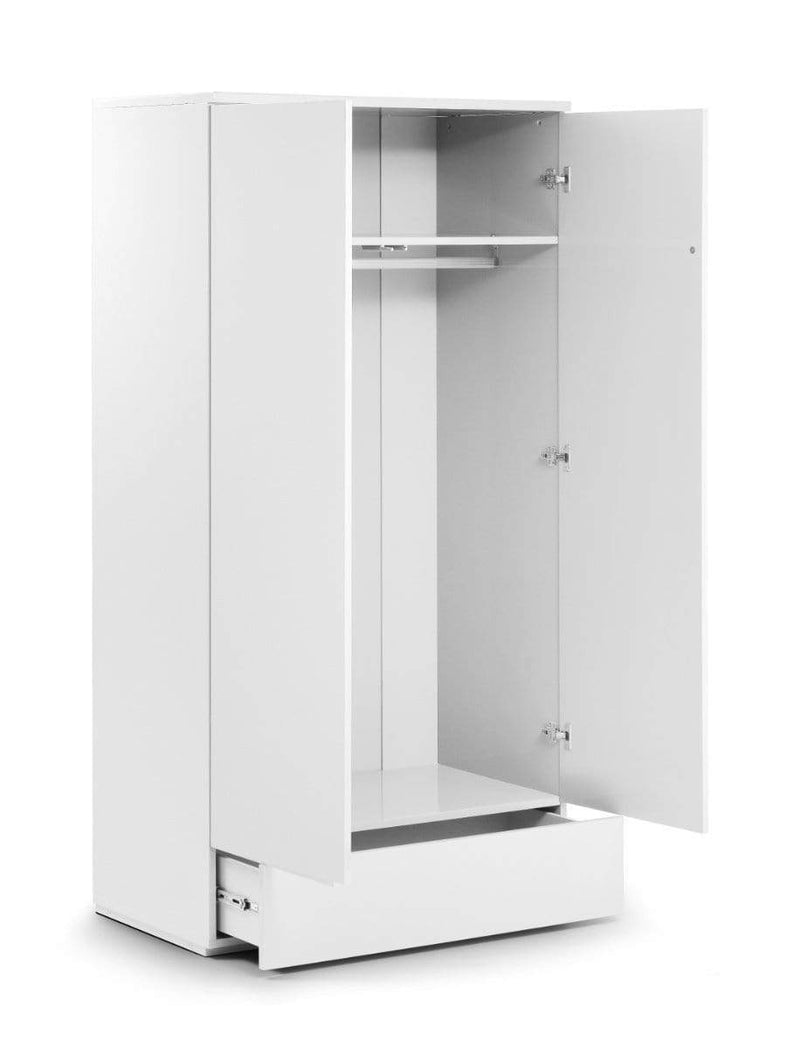 Julian Bowen Wardrobe Monaco 2 Door 1 Drw Wardrobe - White Gloss Bed Kings